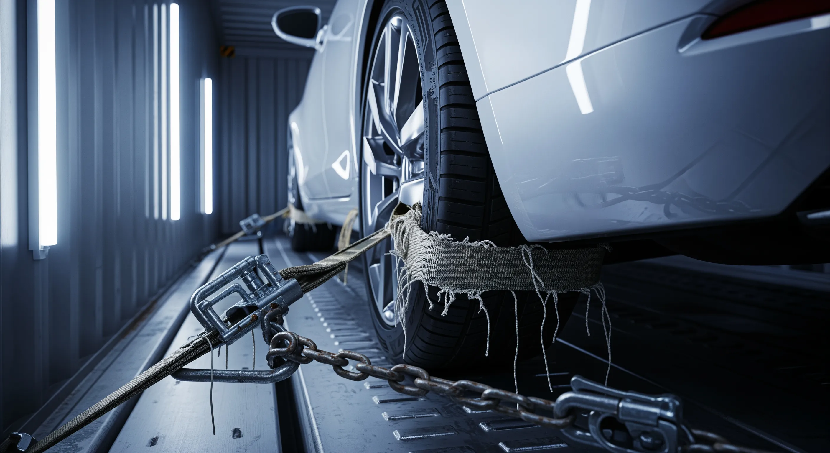 Детальний план кріплень авто в контейнері на складському освітленні з прохолодною атмосферою
