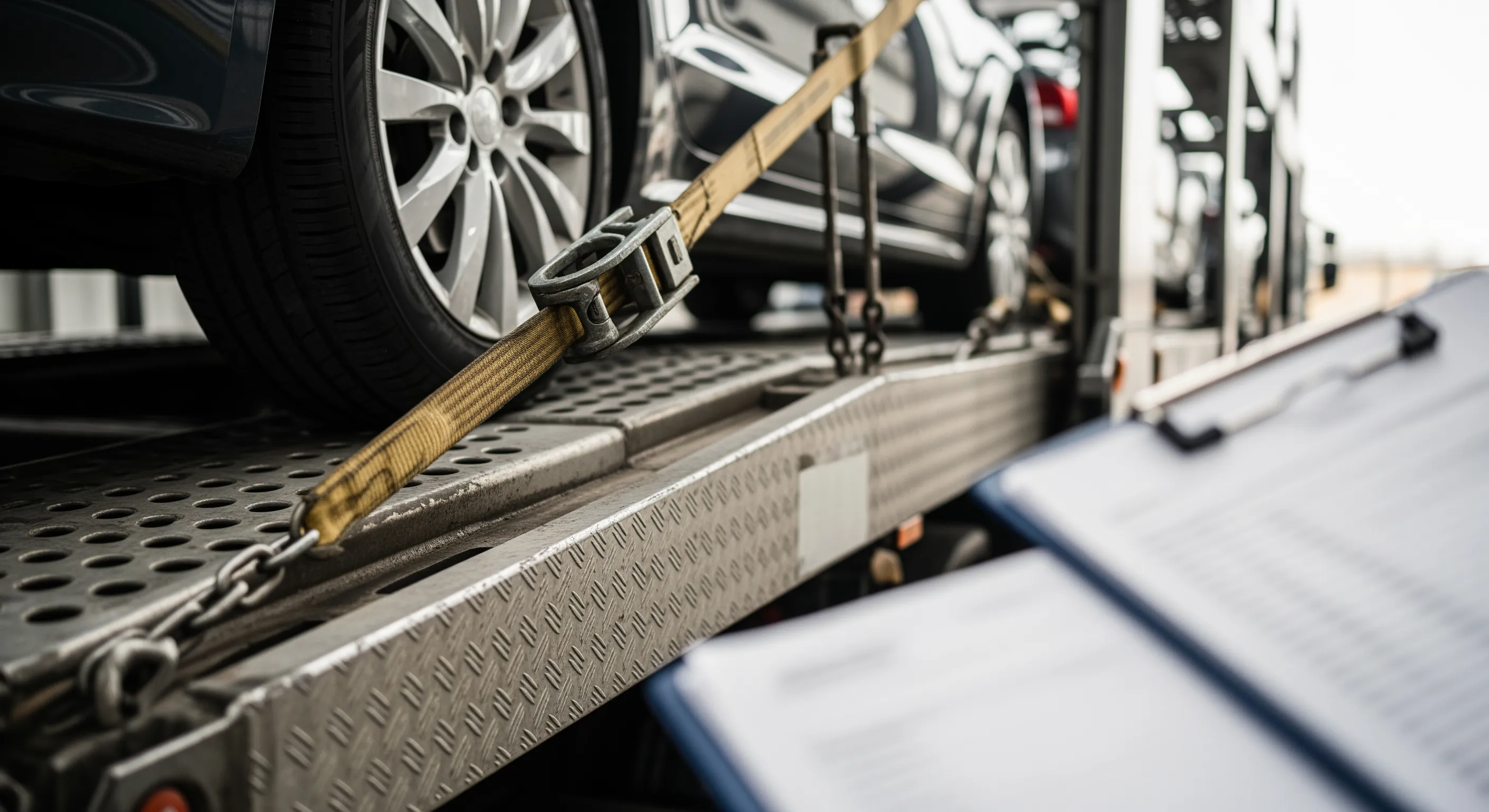Деталі кріплення автомобілів на транспортному засобі у складському приміщенні завантаження