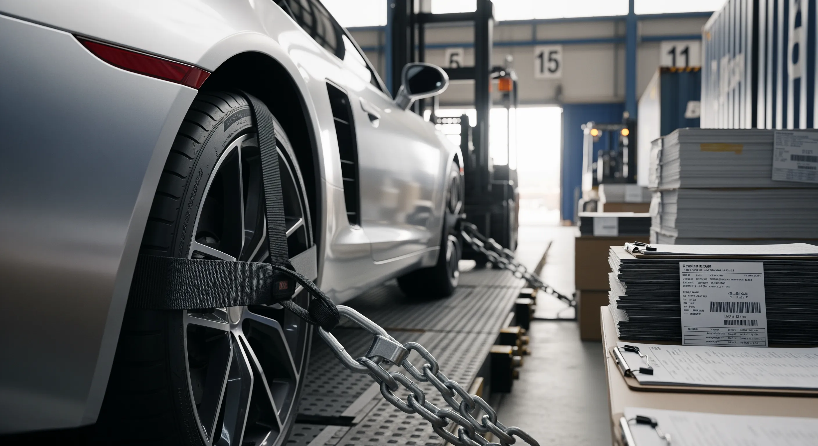 Крупний план на кріплення коліс і фарбу автомобіля на складі для відвантаження