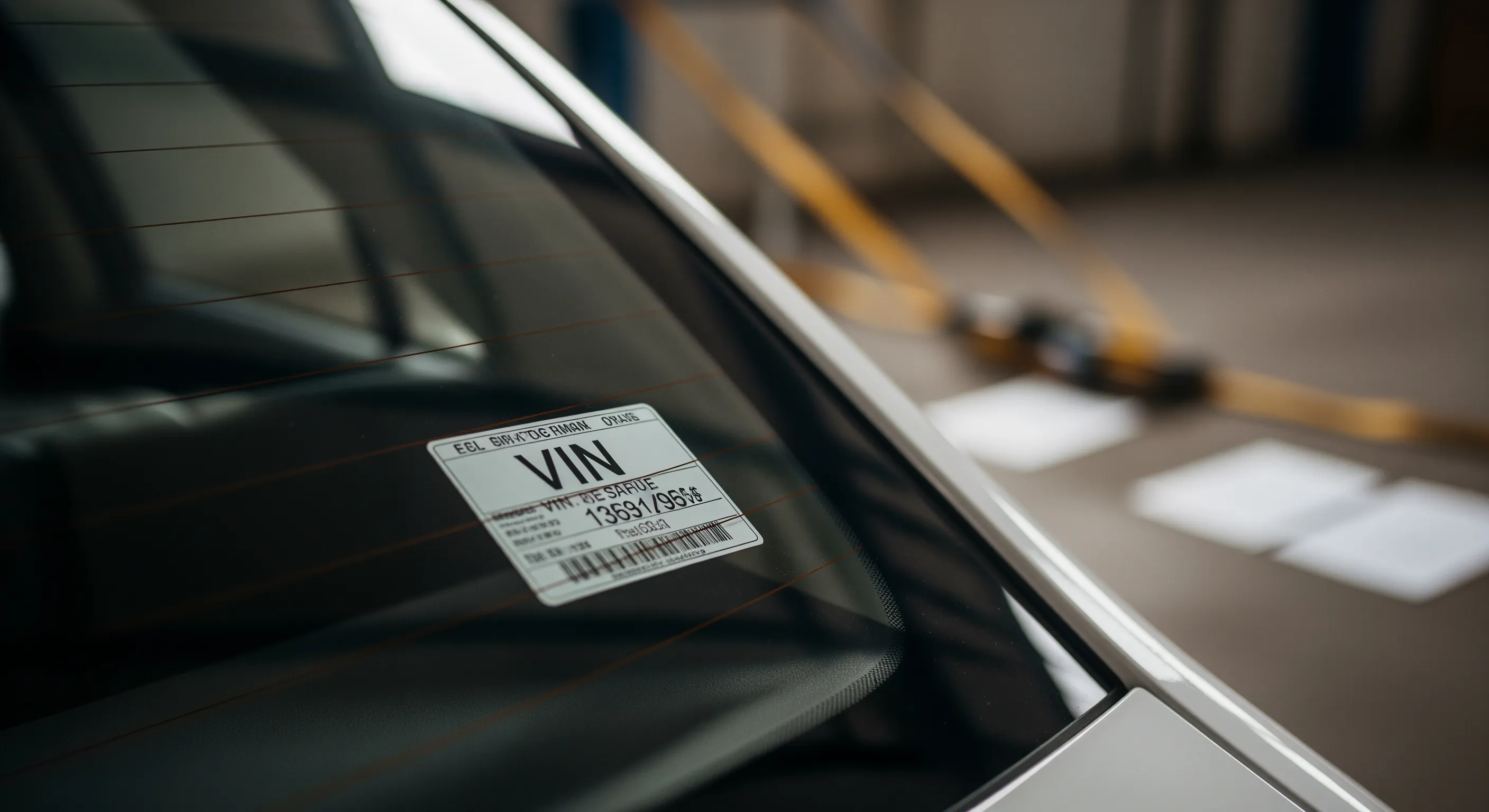 Детальний план заднього скла авто з видимим VIN кодом у вантажному ангарі