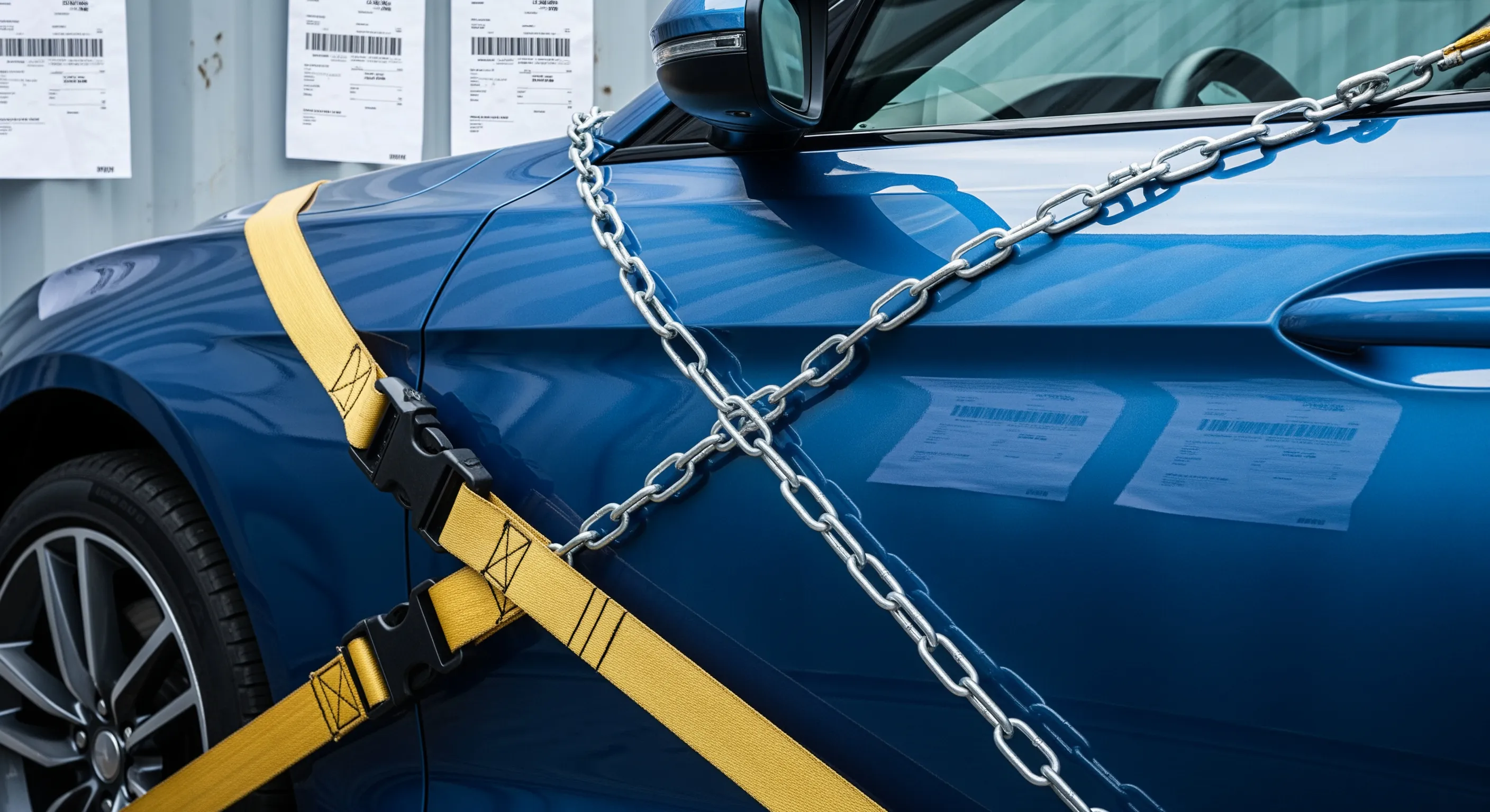 Деталі автомобіля з ременями безпеки й документами для транспортування зі США