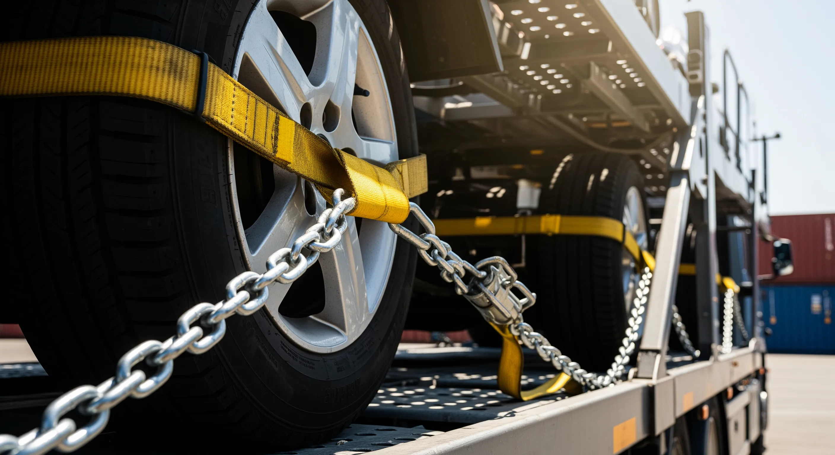 Закріплені колеса автотранспортера з авто для імпорту в Чернівці під яскравим сонцем