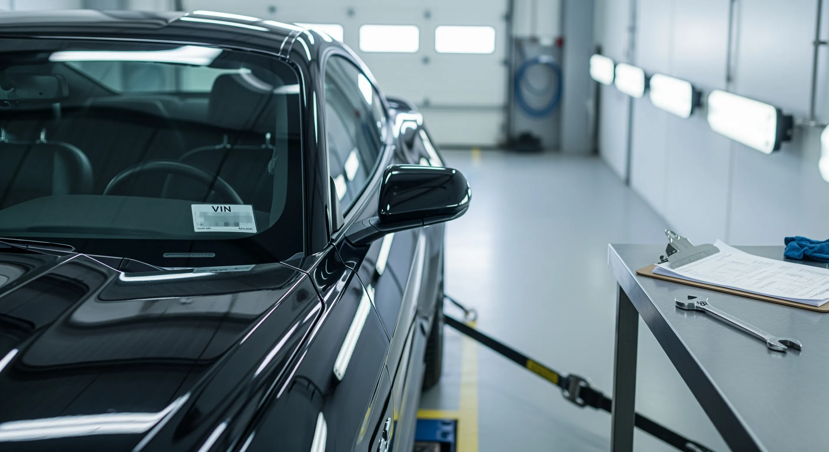 Крупний план автомобіля з наклейкою VIN і документами на столі в оглядовій зоні