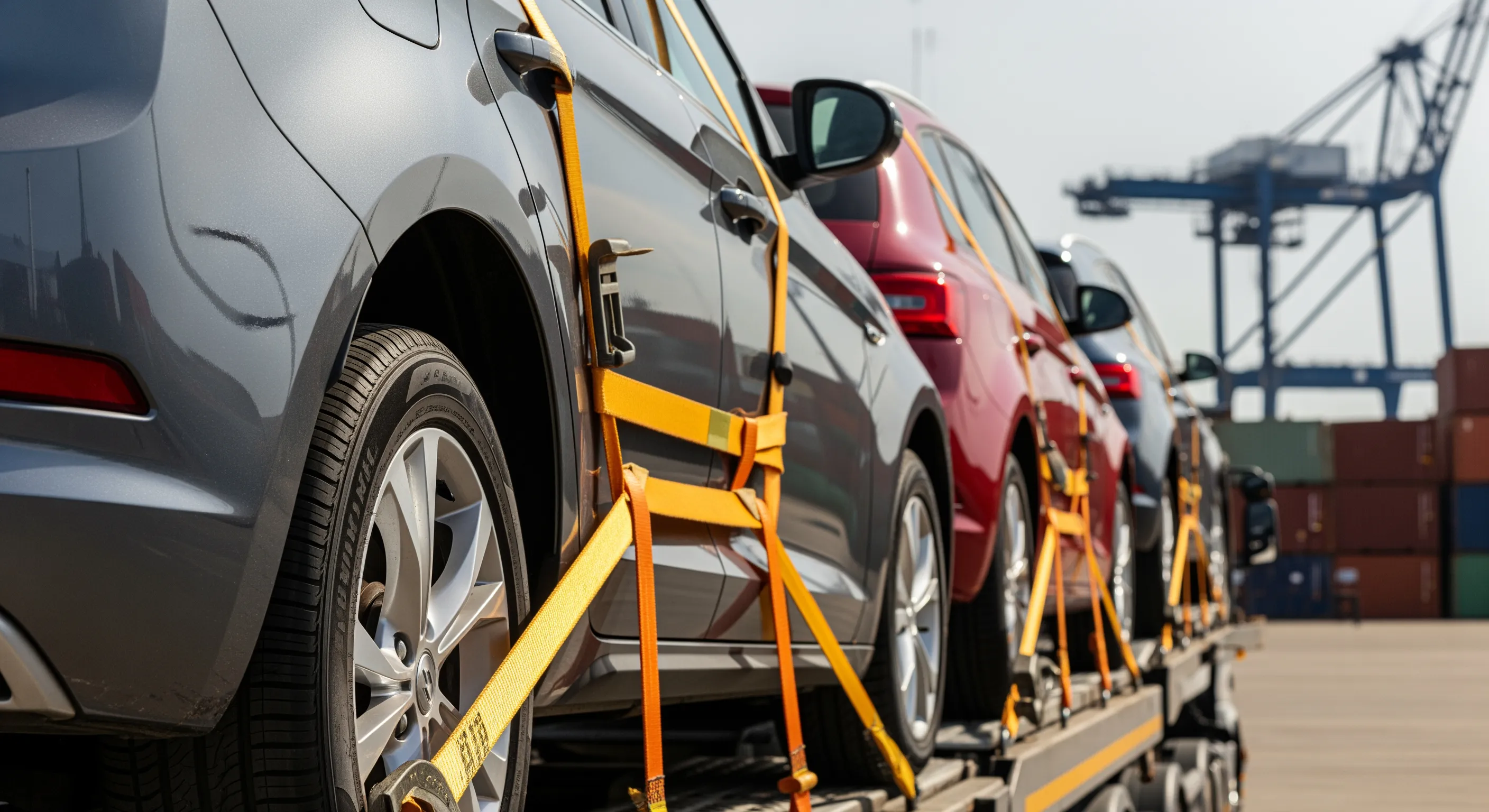 Детальний кадр автомобільних ременів на вантажівці з імпортованими авто в промисловому порту