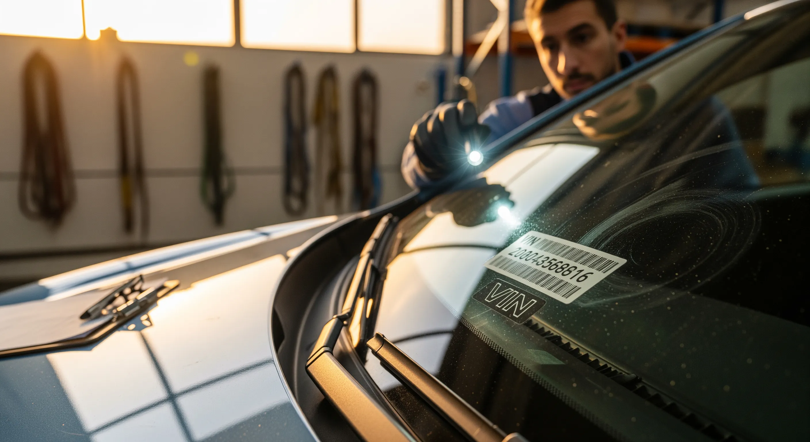 Близький план огляду VIN-коду на лобовому склі авто у світлі золотистої години