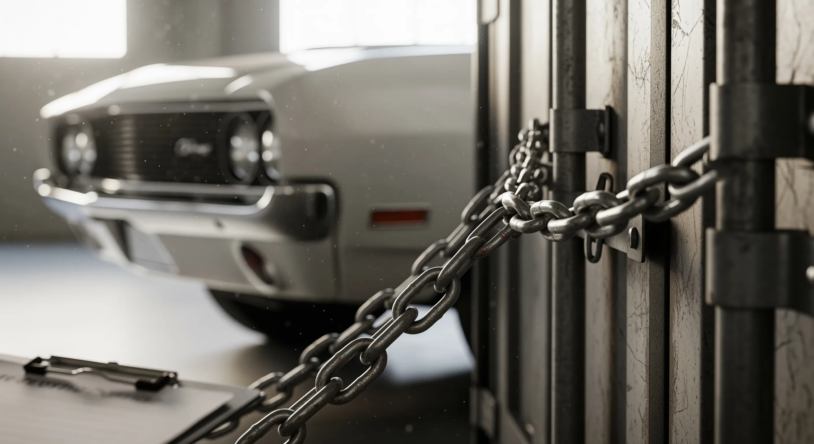 Детальний план натяжних ланцюгів і переднього бампера автомобіля в складському освітленні