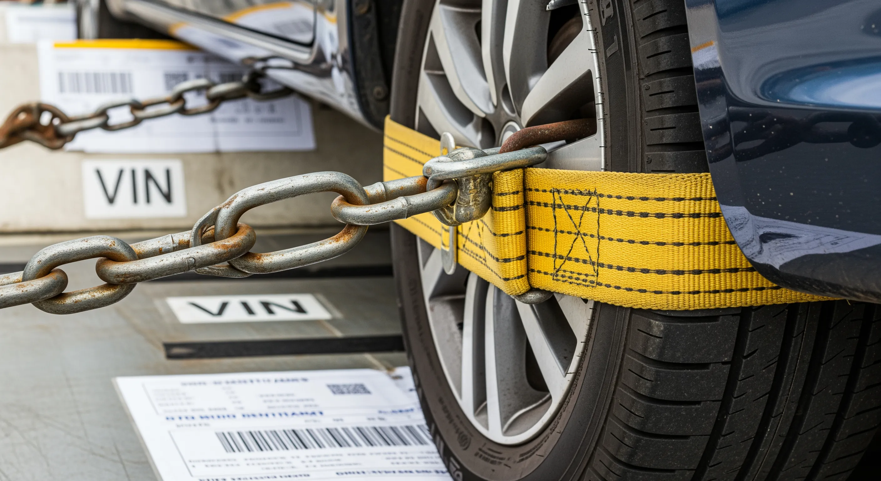 Деталі кріплень автомобіля на палубі RoRo в умовах похмурої погоди