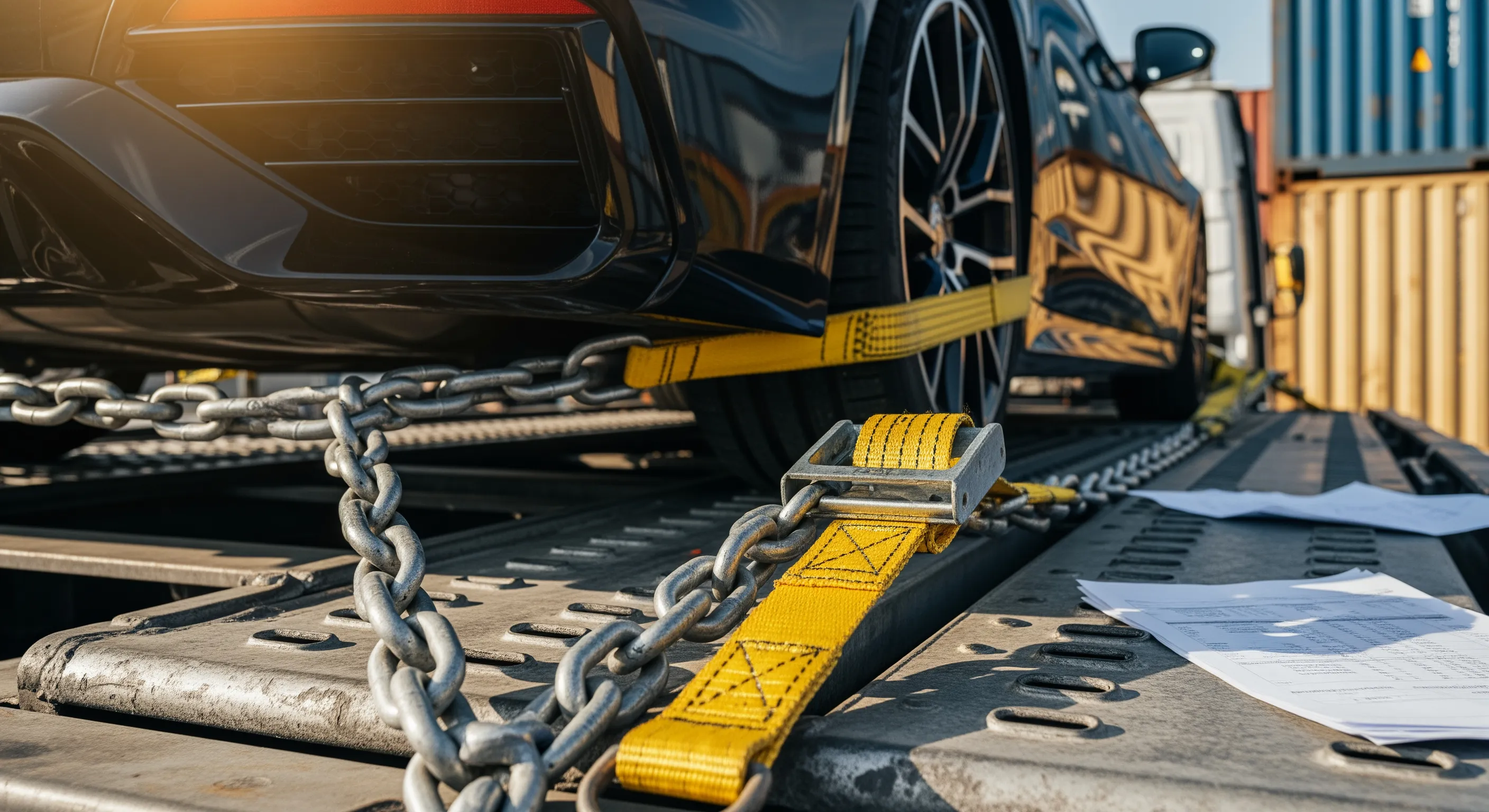 Металеві ланцюги і ремені, що кріплять автомобіль на транспортному засобі