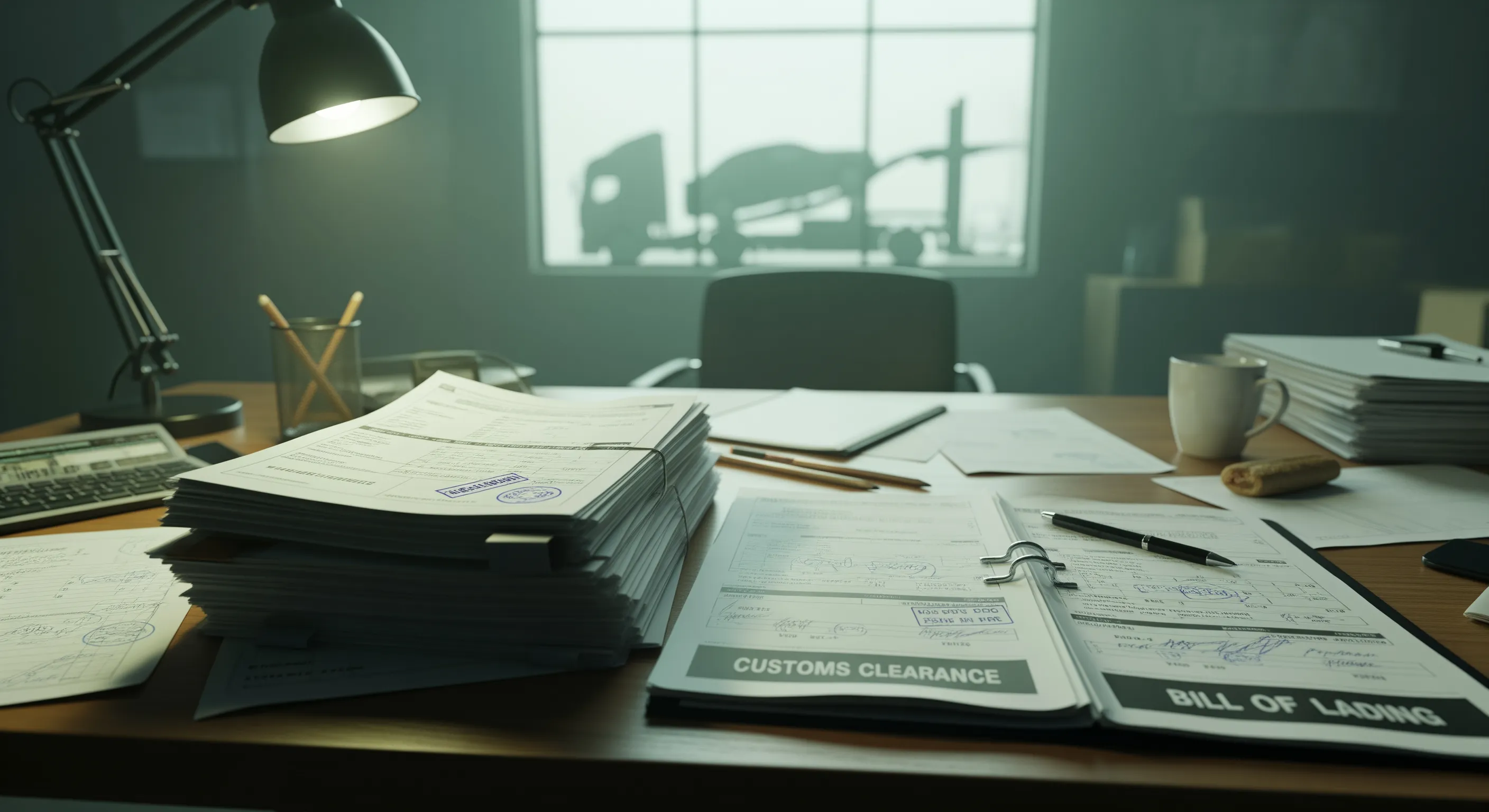 Документи митного оформлення на столі в офісі з видом на платформу з авто