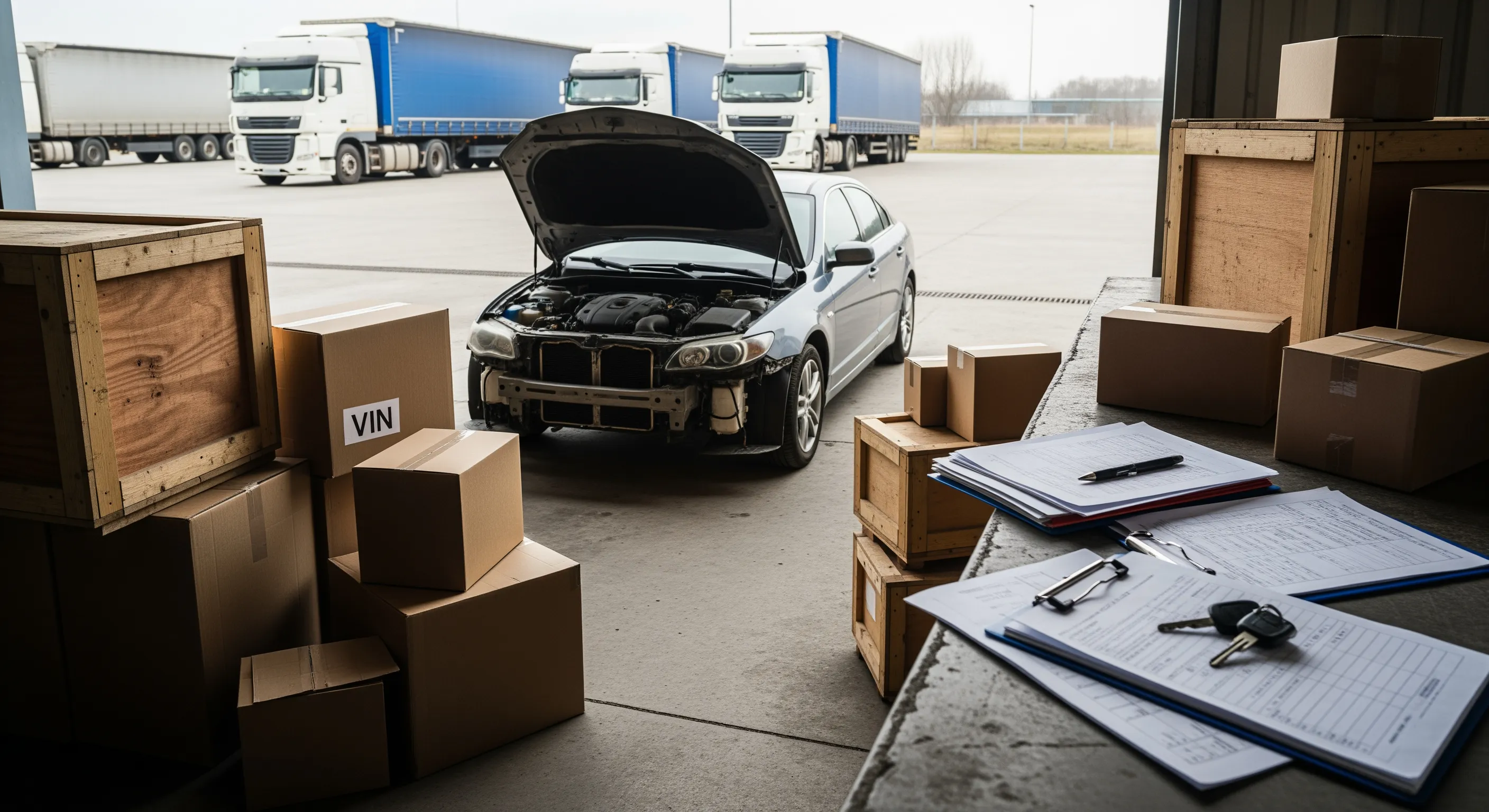 Автомобіль на оглядовій зоні з паперами та ключами на причалі, підготовка до митниці