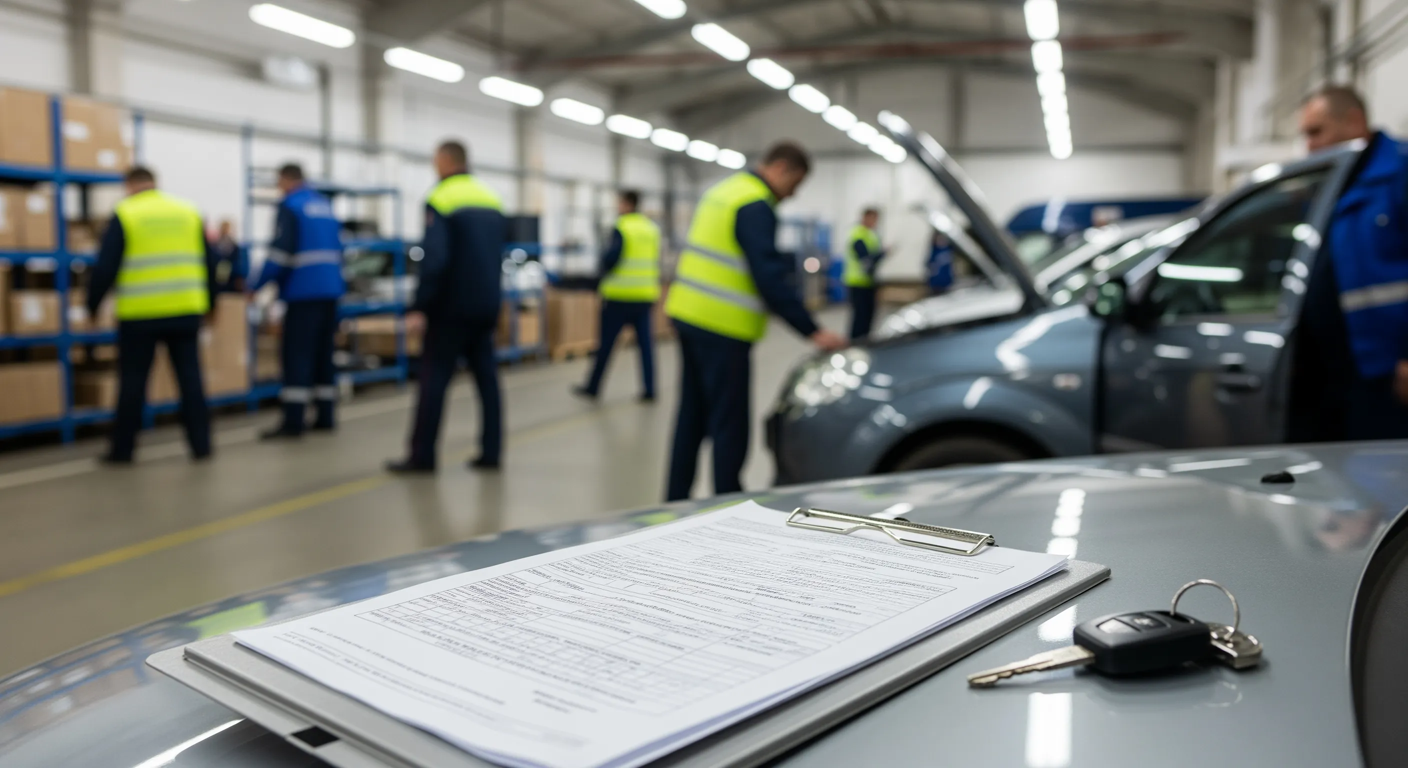 Процес митного огляду автомобіля у митному інспекційному боксі перед доставкою
