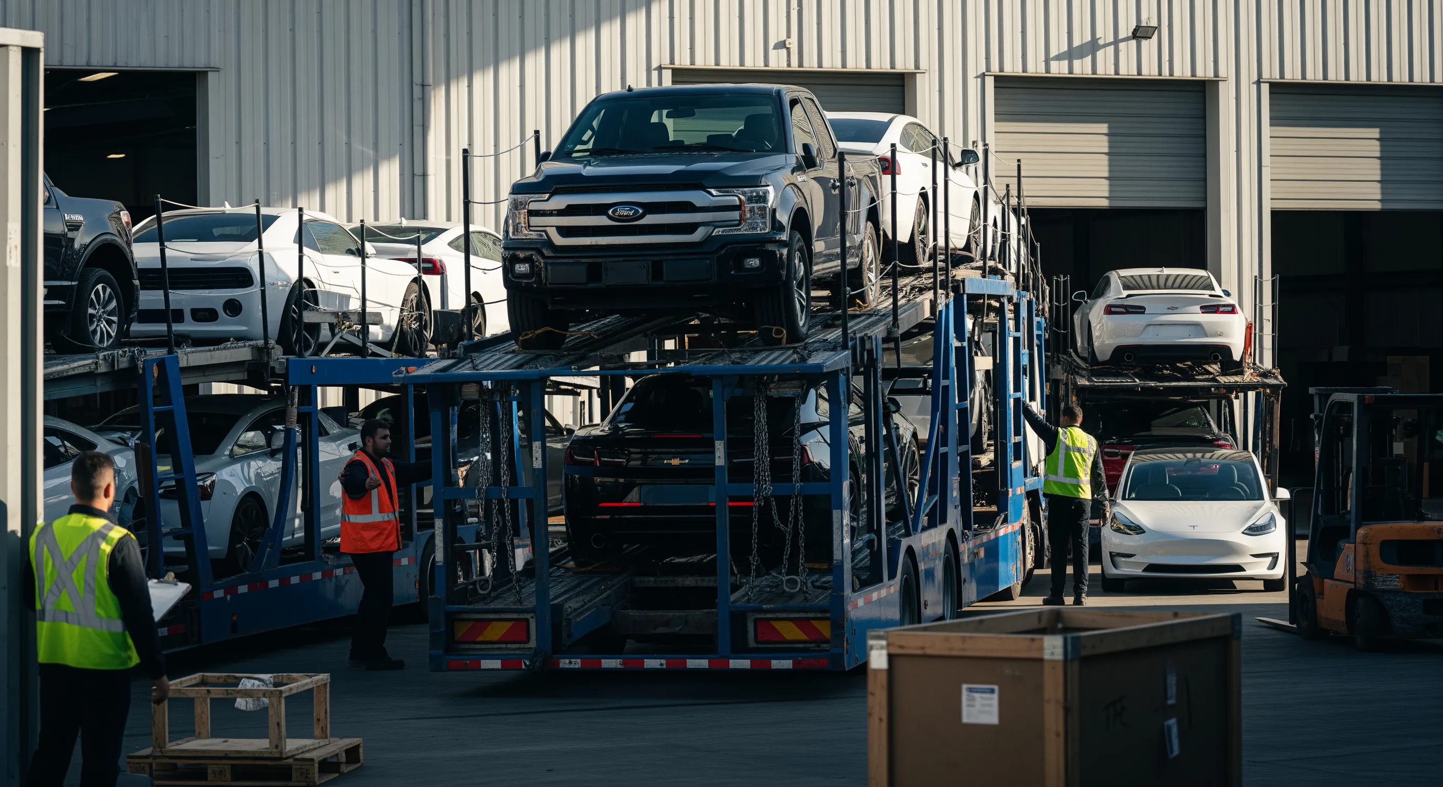 Автотранспорт у портовому складі з новими авто зі США під яскравим денним освітленням