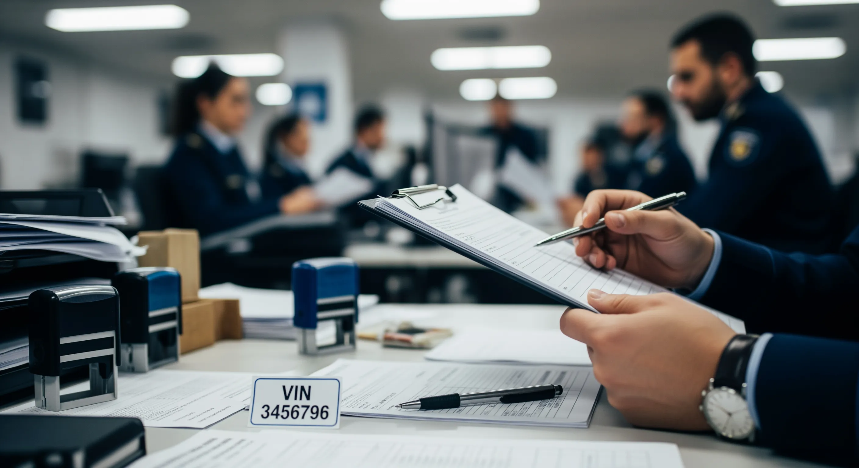 Офіс митниці з документами та чек-листом на столі під флуоресцентним освітленням